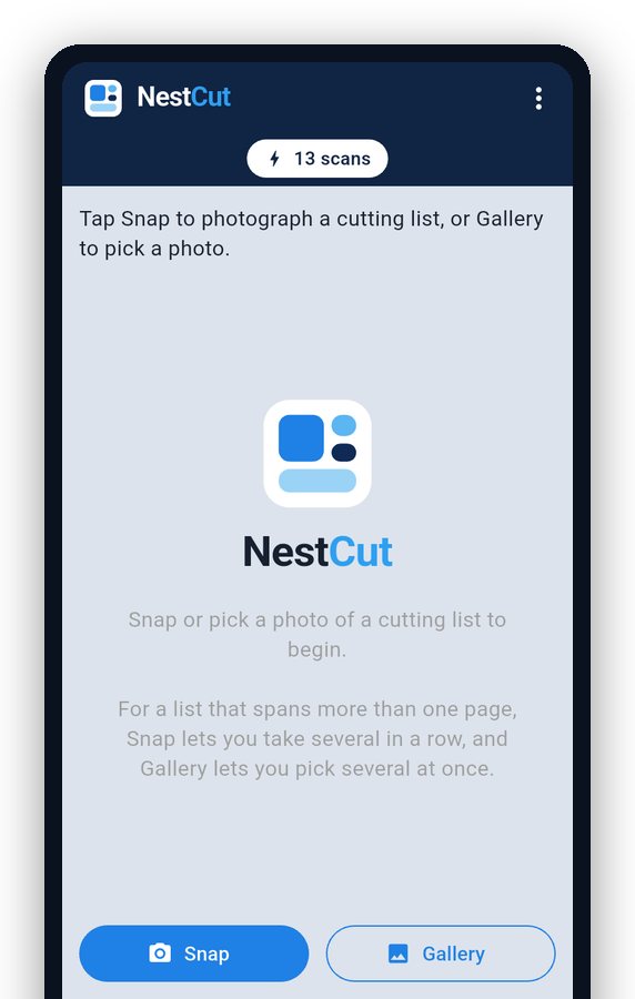 NestCut home screen with Snap and Gallery buttons