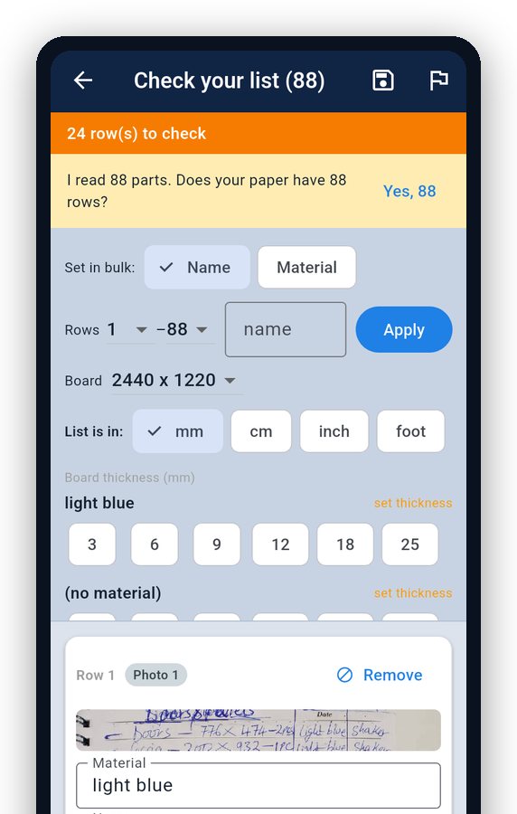 NestCut has read 88 parts from four photos and asks to confirm the row count