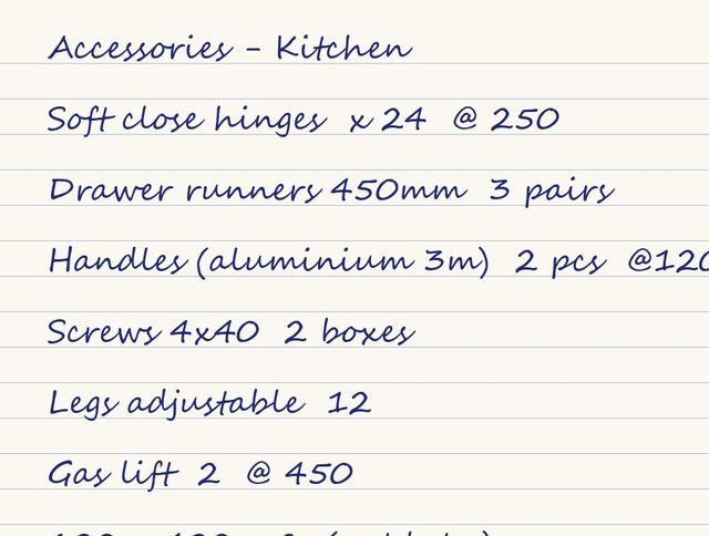 A handwritten accessories list