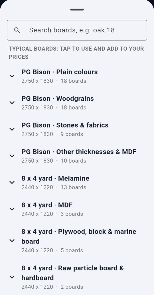 Board list with typical boards grouped by category
