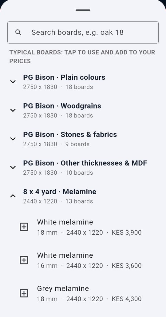 Typical 8x4 melamine boards with sheet size and price