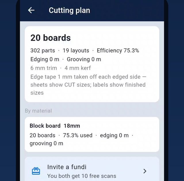 Plan summary with board count and efficiency