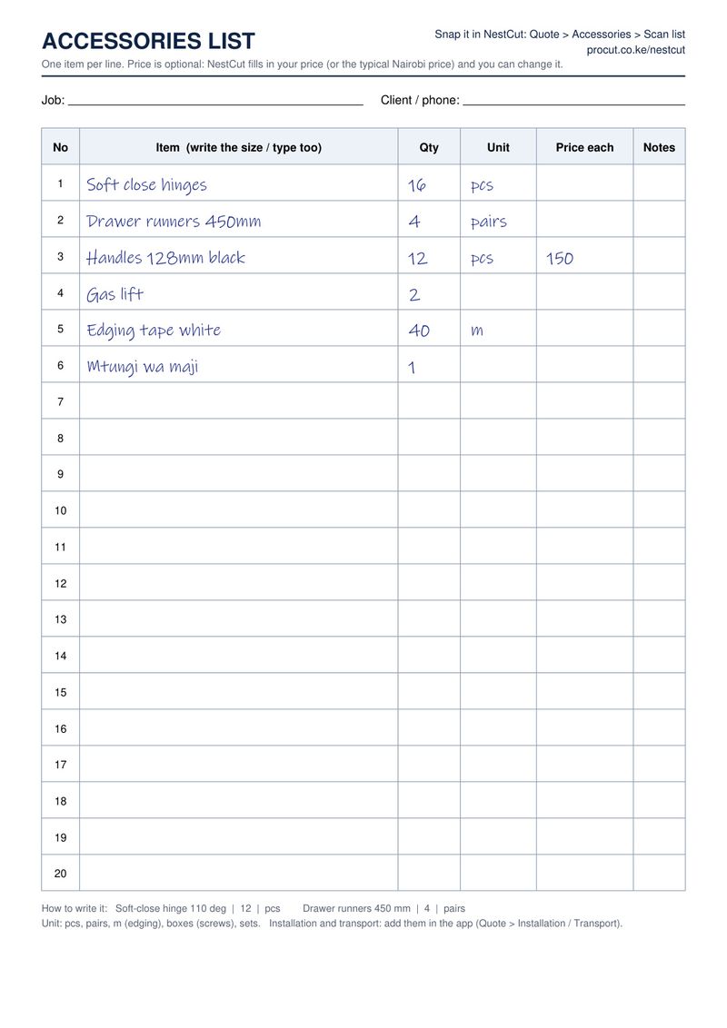 The accessories page of the NestCut form, filled in