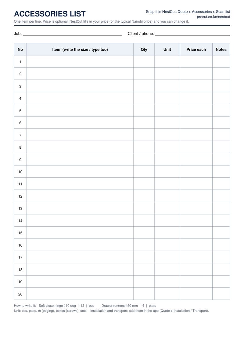 Page 4: accessories list with item, quantity, unit and price