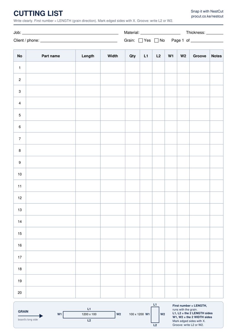 Page 1: the cutting list with No, Part name, Length, Width, Qty, L1, L2, W1, W2, Groove and Notes columns