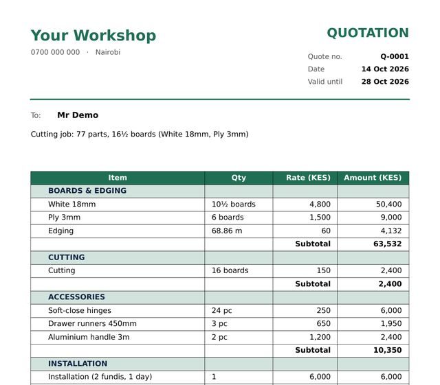 Classic quote: every line with quantity, rate and amount, subtotal per section