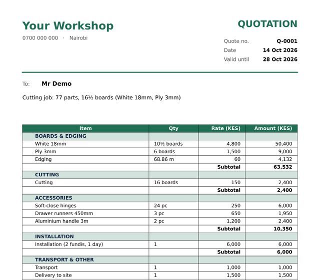 Trade quote: every line plus a breakdown per material