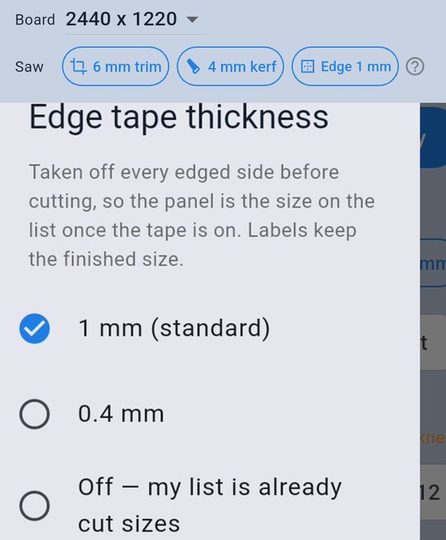Saw settings: trim, kerf and edge tape